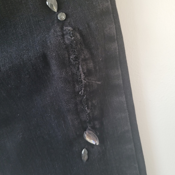 SEVEN 7 Destressed High Waisted Denim Black Skinny Jeans w/Rhinestones - Picture 6 of 10